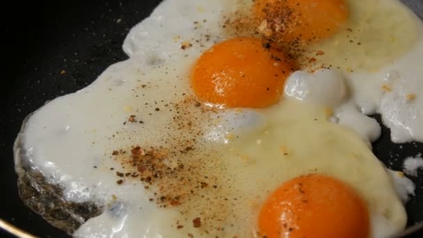 Close-up van gebakken eieren in pan bestrooid met specerijen — Stockvideo