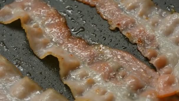 Rebanadas finas de tocino se fríen en aceite de girasol en sartén caliente con recubrimiento antiadherente — Vídeos de Stock