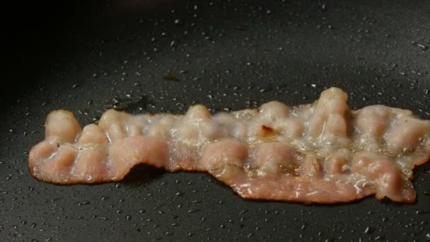 Один тонкий кусок бекона жарится в подсолнечном масле в горячей сковороде с антипригарным покрытием вблизи. — стоковое видео