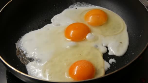 Close-up van gebakken eieren in pan bestrooid met zout — Stockvideo