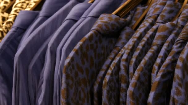 Vestiti con stampa leopardata appesi al gancio in una boutique da donna — Video Stock