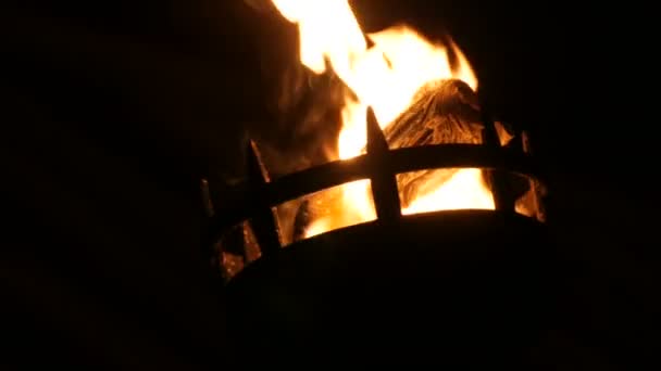 Огненное пламя в средневековом факеле включено в темноте на черном фоне — стоковое видео
