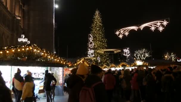 Bécs, Ausztria - 2019. december 21.: Karácsonyi vásár a városháza előtt. Ünnepélyesen díszített tér koszorúkkal, amelyek közelében a turisták és a helyiek sétálnak. Sztályog különböző ételekkel és dolgokkal — Stock videók