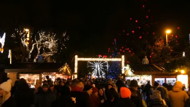 Wien, Österrike - 21 december 2019: Julmarknad framför stadshuset. Festligt inredda torget med kransar nära vilka turister och lokalbefolkningen gå. Stall med olika mat och saker — Stockvideo