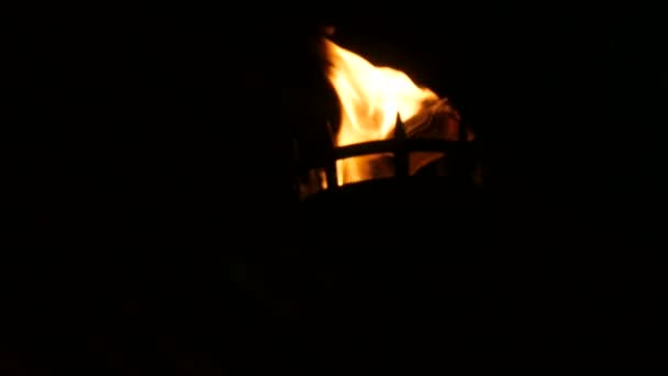 Chamas de fogo na tocha medieval acesa no escuro no fundo preto — Vídeo de Stock