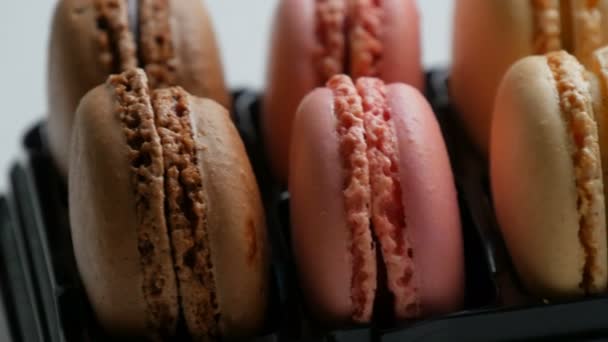 Colorful French Macarons in gift box on a white background — Stock Video