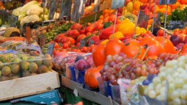 Büyük bir şehirde sebze pazarı. Çok çeşitli sebze ve meyve çeşitleri var. Tezgahta sağlıklı taze organik vegan yiyecekler var. Fiyat etiketleri Almanca.