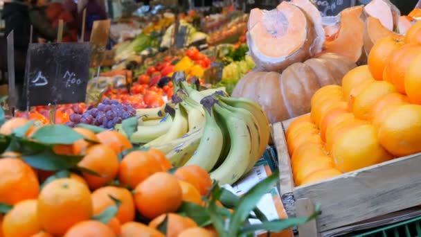 Az előtérben mandarinok zöld levelekkel és egzotikus gyümölcsökkel. Zöldségpiac. Hatalmas a választék a különböző zöldségek és gyümölcsök. Egészséges friss bio vegán étel a pulton. — Stock videók