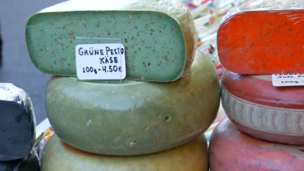 Intéressant fromage de vache dur multicolore et de chèvre de différents goûts à l'épicerie sur le marché. Fromage jaune, rouge, lavande, noir, vert . — Video