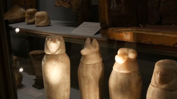 Bécs, Ausztria - 2019. december 19.: A Művészettörténeti Múzeumban. Az ókori Egyiptom Történetének Osztálya. A múmiák belső szerveinek hiteles urnái sorban állnak a múzeumban — Stock videók