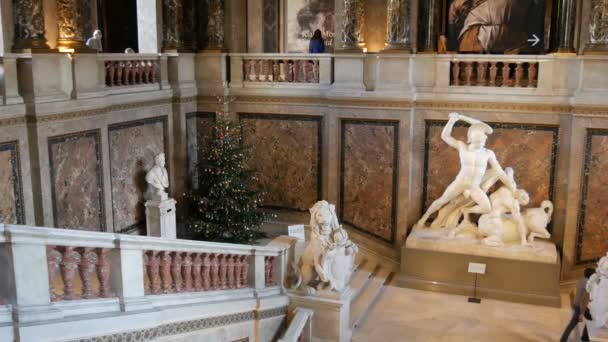 Vienna, Austria - December 19, 2019: Inside the Museum of the History of Art. Various columns and painted ceilings with walls. On the stairs is a large white marble statue of Theseus and the Centaur — 비디오