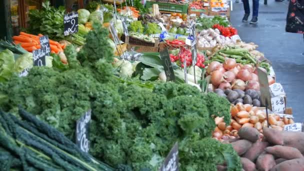 I verdi freschi in mercato di frutta e verdura con assortimento enorme di frutta varia. Cibo vegetariano sano. Prezzi in tedesco — Video Stock