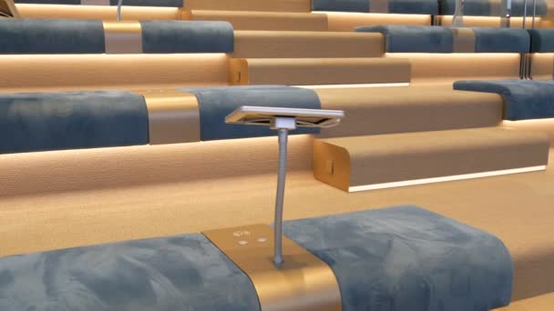 Modern interior empty conference hall blue seats neat rows chairs vacant place audience auditorium listeners business public event formal meeting nobody inside education lecture seminar room renting — Stock Video