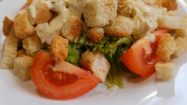 Tasty healthy fresh Caesar salad with parmesan cheese, crackers, tomato, chicken meat, and lettuce on plate in restaurant — 비디오