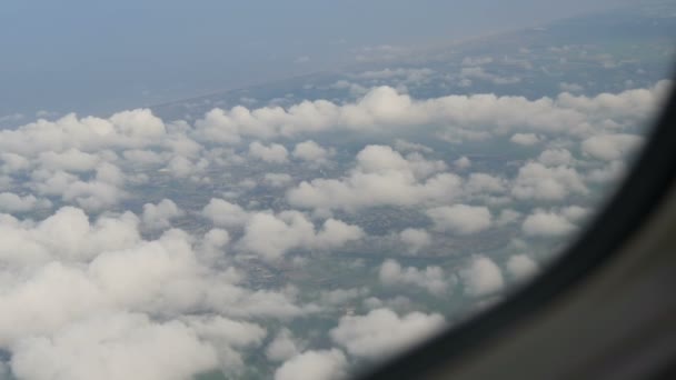 O avião sobrevoa as cidades holandesas, os campos verdes de tulipas multicoloridas. Holanda de cima em nuvens — Vídeo de Stock