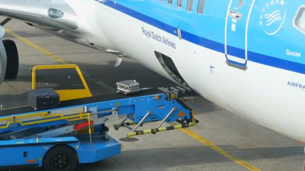 Amsterdam, Paesi Bassi - 26 aprile 2019: L'aeroporto di Schiphol i bagagli dei passeggeri dell'aereo lasciano l'aereo su un nastro speciale. Arrivo in aeroporto — Video Stock