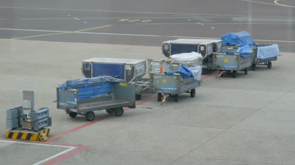 Amsterdam, Nizozemsko - 25. dubna 2019: Zavazadlové kontejnery pro zavazadla cestujících, mezinárodní letiště Schiphol — Stock video