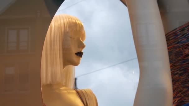 Partie d'un mannequin de femme avec longue oreille blanche près du miroir. Imbécile à la vitrine. Beaux, chers, vêtements à la mode sont présentés sur une vitrine de boutique — Video