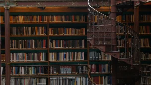 Винтажные книжные полки в старой библиотеке музея Рийгикогу в Амстердаме — стоковое видео