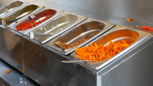 Vários temperos de cachorro-quente no quiosque de comida na rua. Cebolas fritas, tomates, pimentas doces, pepinos em conserva, cenouras — Vídeo de Stock
