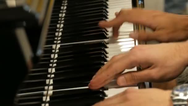 Tocando el piano en cuatro manos. Los pianistas magistrales juegan en la estación central de Ámsterdam — Vídeo de stock