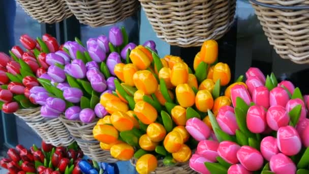Деревянные сувениры разноцветные тюльпаны всемирно известный символ Голландии — стоковое видео