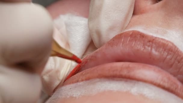 Tatuaje de labio Microblading con un pigmento rojo colorante especial que corrige el color de los labios en una clínica de cosmetología. Procedimiento permanente de los labios del maquillaje que aplica el maquillaje del pigmento en labios con una máquina del tatuaje cerca — Vídeo de stock