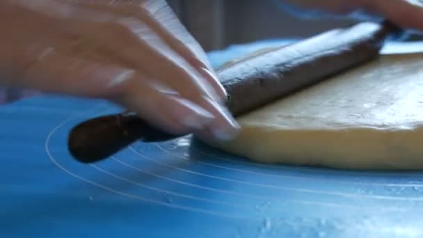 A női kezek gördítik ki a tésztát egy sodrófával egy speciális szilikon szőnyegen a tészta gyúrásához. Modern technológia a konyhában — Stock videók