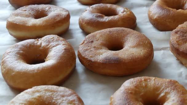 Świeżo usmażone duże okrągłe pączki na stole w domowej kuchni. Pączki bez glazury i proszku — Wideo stockowe