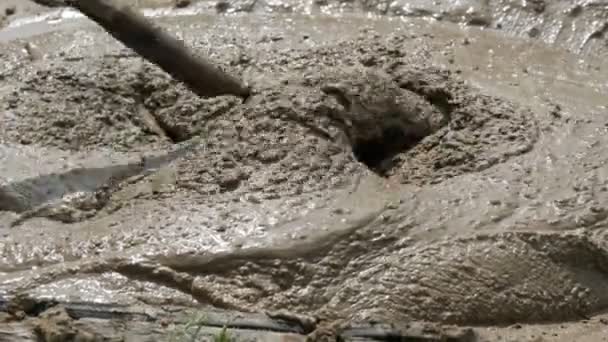 Bygga våt cement och lera blandas med en speciell spatel för byggnadsarbete. — Stockvideo