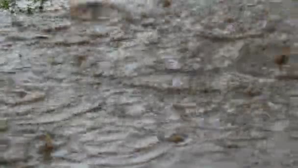 Las gotas de lluvia caen sobre un enorme deslizamiento de tierra con un charco grande y sucio. Desastre natural — Vídeo de stock