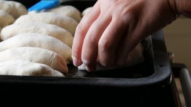 Samičí ruka vloží do řady domácí dorty syrové těsto na speciální plech pečení v rustikálním stylu. Těsto v podobě je připraveno pro troubu — Stock video