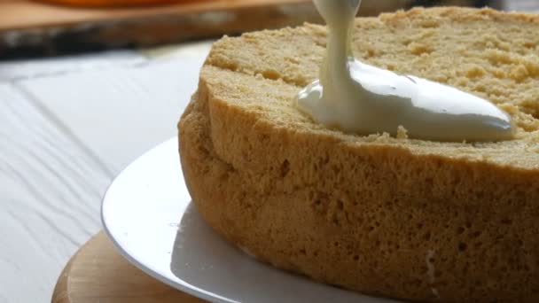 Женщина намазывает кремом запечённое тесто. Женская рука залить белый крем ложкой на торт и начать распространяться на апельсинового печенья или бисквита тесто для торта на кухне — стоковое видео