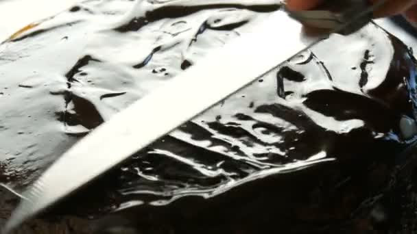 Blisko widoku. Kobieta rozsypuje polewę czekoladową na biszkopcie. Kobieca ręka wlać krem z nożem na tort i zacząć rozprzestrzeniać się na pomarańczowy herbatnik lub ciasto biszkopt w kuchni — Wideo stockowe