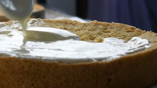 Frau streicht Sahne auf den gebackenen Teig. Weibliche Hand gießt weiße Sahne mit einem Löffel auf den Kuchen und beginnt, auf einem Orangenkeks oder Biskuitteig in der Küche zu streichen — Stockvideo