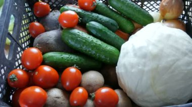 Sebzeli patates, salatalık, salatalık, vişne, lahana, soğan, havuç. Coronavirus salgını ve sosyalleşme sırasında yiyecek dağıtım hizmetleri. İnternetten alışveriş. Yiyecek Bağışları