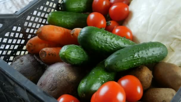 Doos met groenten aardappelen bieten komkommers cherry tomaten kool uien wortel close-up. Levering van voedsel tijdens de pandemie met het coronavirus en op sociale afstand. Online winkelen. Voedseldonaties — Stockvideo