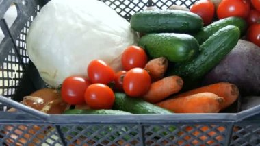 Sebzeli patates, salatalık, salatalık, vişne, lahana, soğan, havuç. Coronavirus salgını ve sosyalleşme sırasında yiyecek dağıtım hizmetleri. İnternetten alışveriş. Yiyecek Bağışları