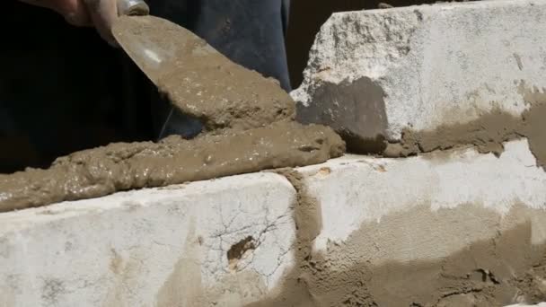 Las manos masculinas del constructor ponen el ladrillo sobre el cemento fresco mojado. Una fila de ladrillos blancos en un sitio de construcción vista de cerca. Pared — Vídeo de stock
