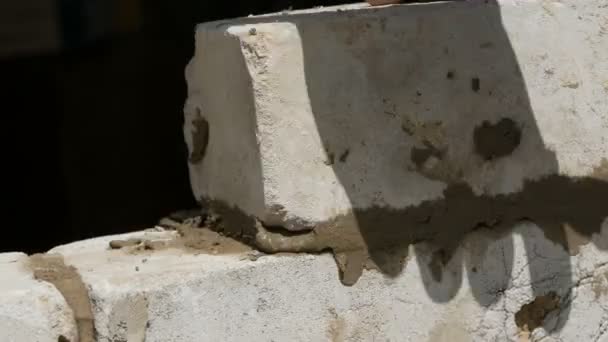 Les mains masculines du constructeur posent la brique sur le ciment frais mouillé. Une rangée de briques blanches sur un chantier de construction vue de près. Mur — Video