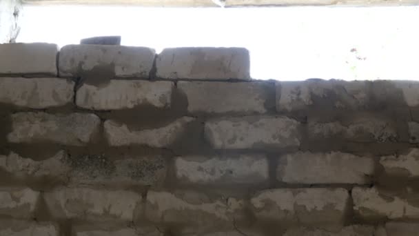As mãos masculinas de um construtor põem um tijolo no cimento molhado fresco. Parede de tijolo, janela forrada — Vídeo de Stock