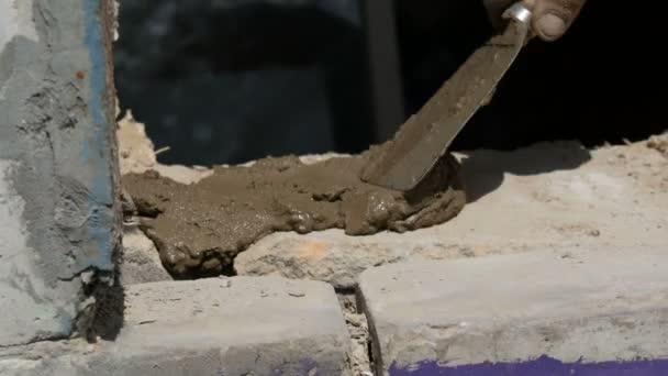 Las manos masculinas del constructor ponen el ladrillo sobre el cemento fresco mojado. Una fila de ladrillos blancos en un sitio de construcción vista de cerca. Pared — Vídeo de stock