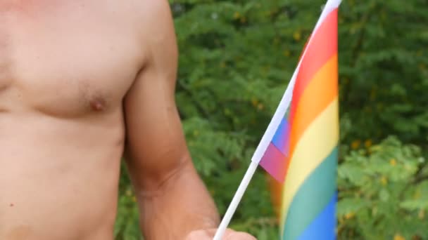 Beau corps d'un jeune homme athlétique avec de beaux muscles tient un arc-en-ciel Gay pride drapeau LGBT dans ses mains un symbole d'orientation non conventionnelle, contre la floraison de tournesols en été — Video