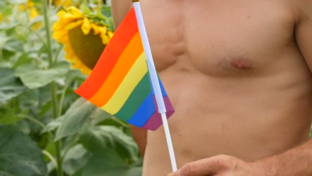 Mooi lichaam van een jongeman atletische man met mooie spieren houdt een regenboog Gay trots Lgbt vlag in zijn handen een symbool van onconventionele oriëntatie, tegen van bloeiende zonnebloemen in de zomer — Stockvideo