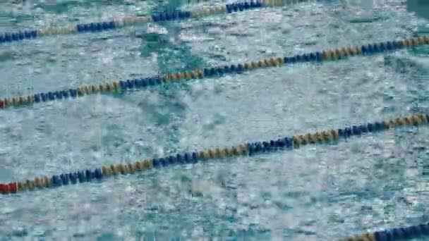 Piscina vuota con acqua calma riflesso luce diurna e acqua limpida e pista per il nuoto. Acqua blu in piscina. Percorsi vuoti con corsie di gara — Video Stock