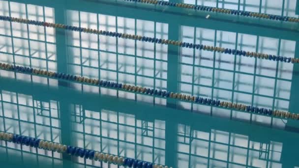 Leeres Schwimmbad mit ruhigem Wasser, Tageslichtreflexion und klarem Wasser und Schwimmstrecke. Blaues Wasser im Schwimmbad. Leere Wege mit Rennspuren — Stockvideo