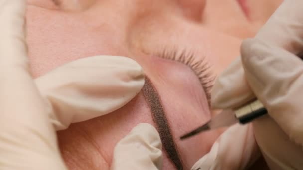 Verbessern der Form der Augenbrauen in einem Schönheitssalon Nahaufnahme. Microblading, Permanent Make-up, Permanent Make-up, Pudersprühen — Stockvideo
