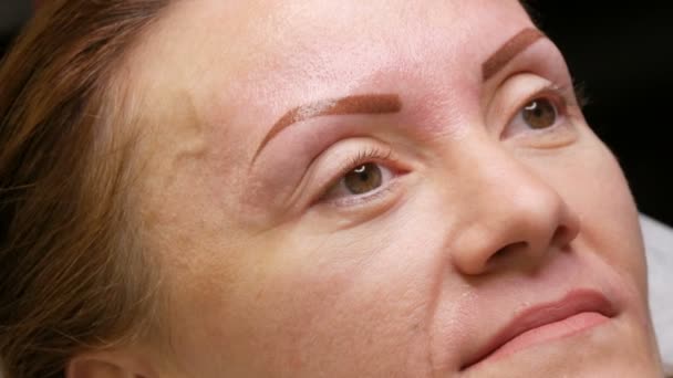Cuarenta mujeres jóvenes en un estudio de belleza después del procedimiento de corrección de cejas. Nueva forma de ceja. Microblading, tatuajes, maquillaje permanente, pulverización en polvo. Nuevas tecnologías en cosmetología — Vídeo de stock