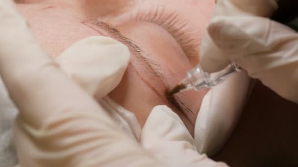 Migliorare la forma delle sopracciglia in un salone di bellezza vista da vicino. Microblading, trucco permanente, trucco permanente, spruzzatura della polvere — Video Stock