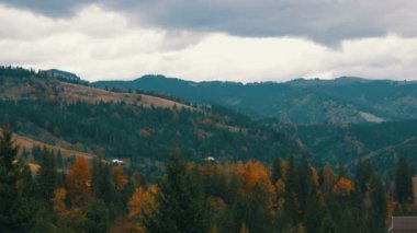 Karpat Dağları ve dağlarda küçük bir ev kasvetli bir sonbahar günü.
